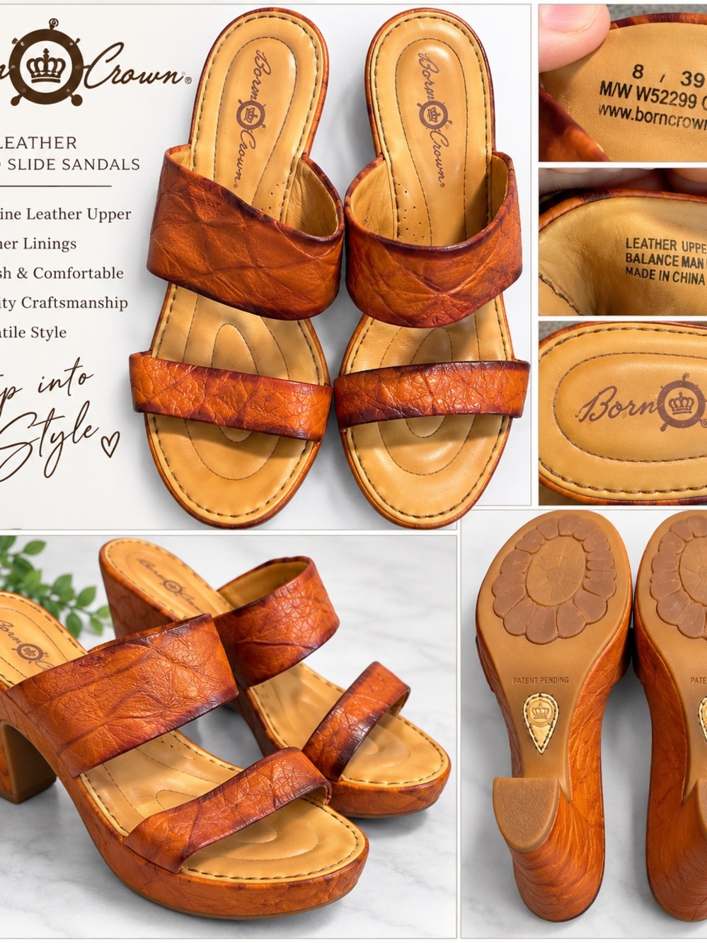 Born Crown Leather Heeled Slide Sandals – Cognac/Orange – Size 8